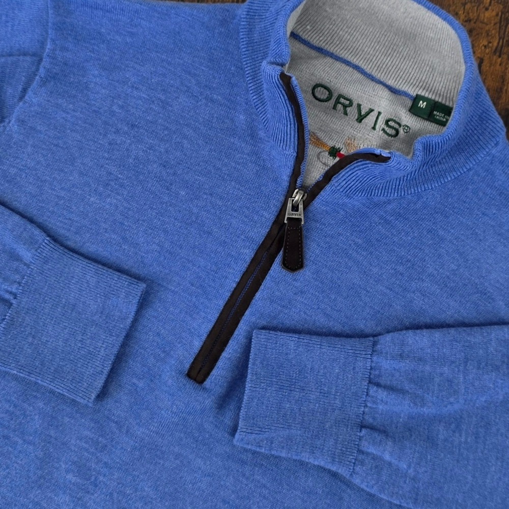 Orvis Merino Wool Quarter Zip Sweater Mens M Blue Heather Mock Neck‎ Fly Lure